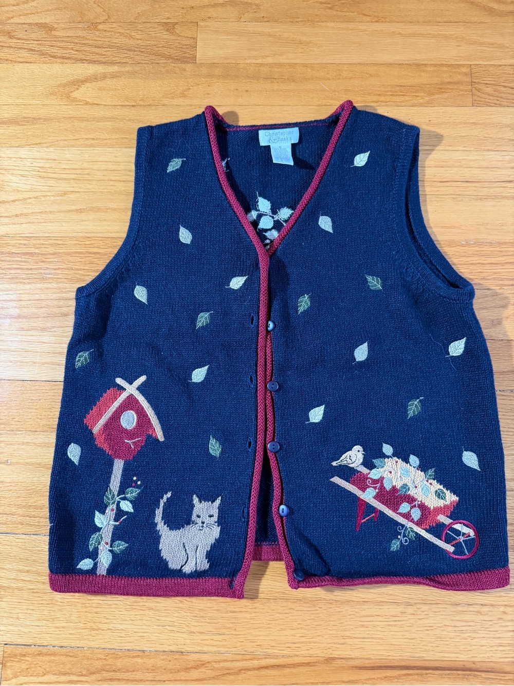 Christopher & Bank Cottagecore Blue & Red Knit Vest with Fall Motif